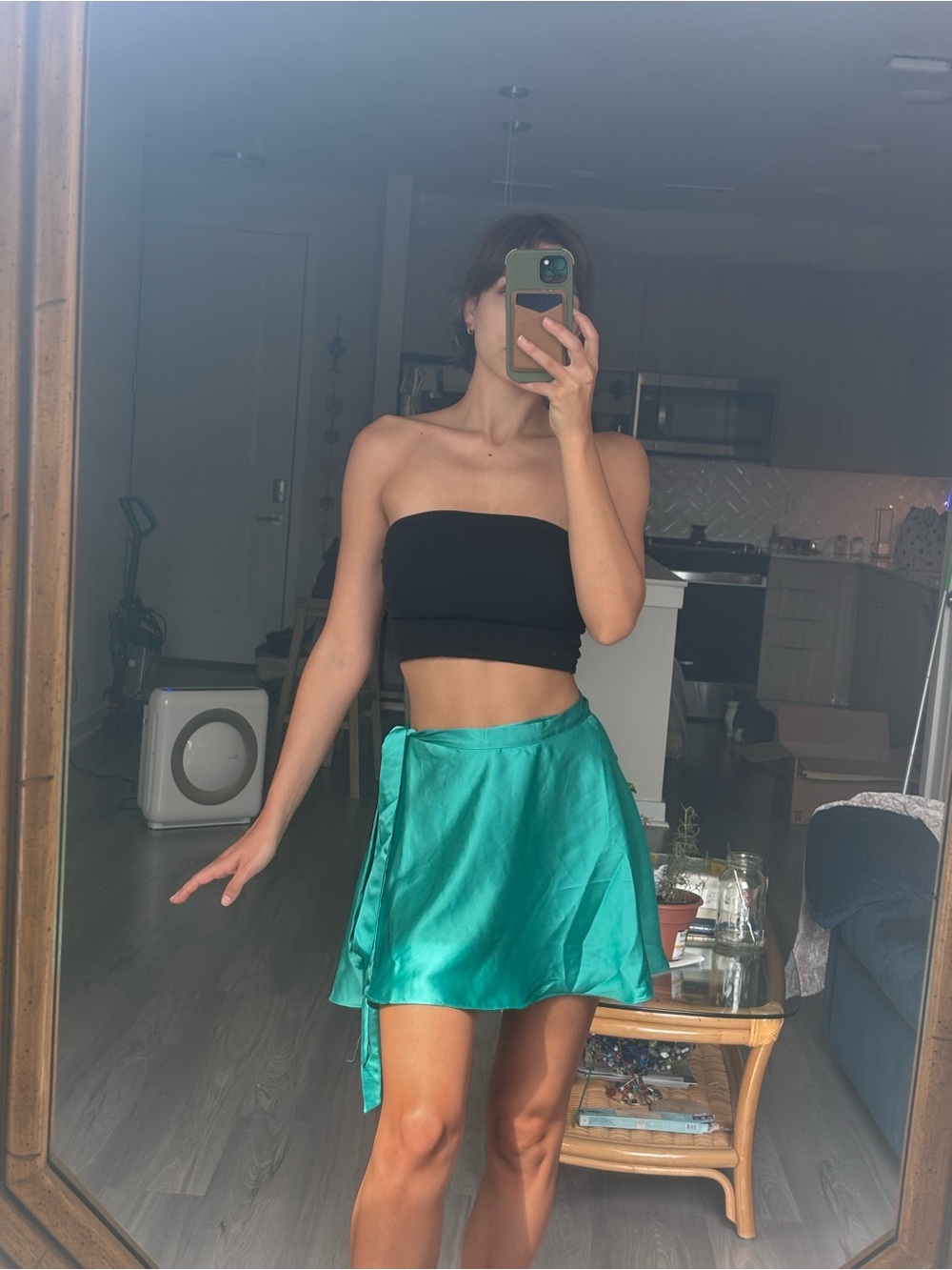 Revolve Satin Teal Wrap Mini Skirt